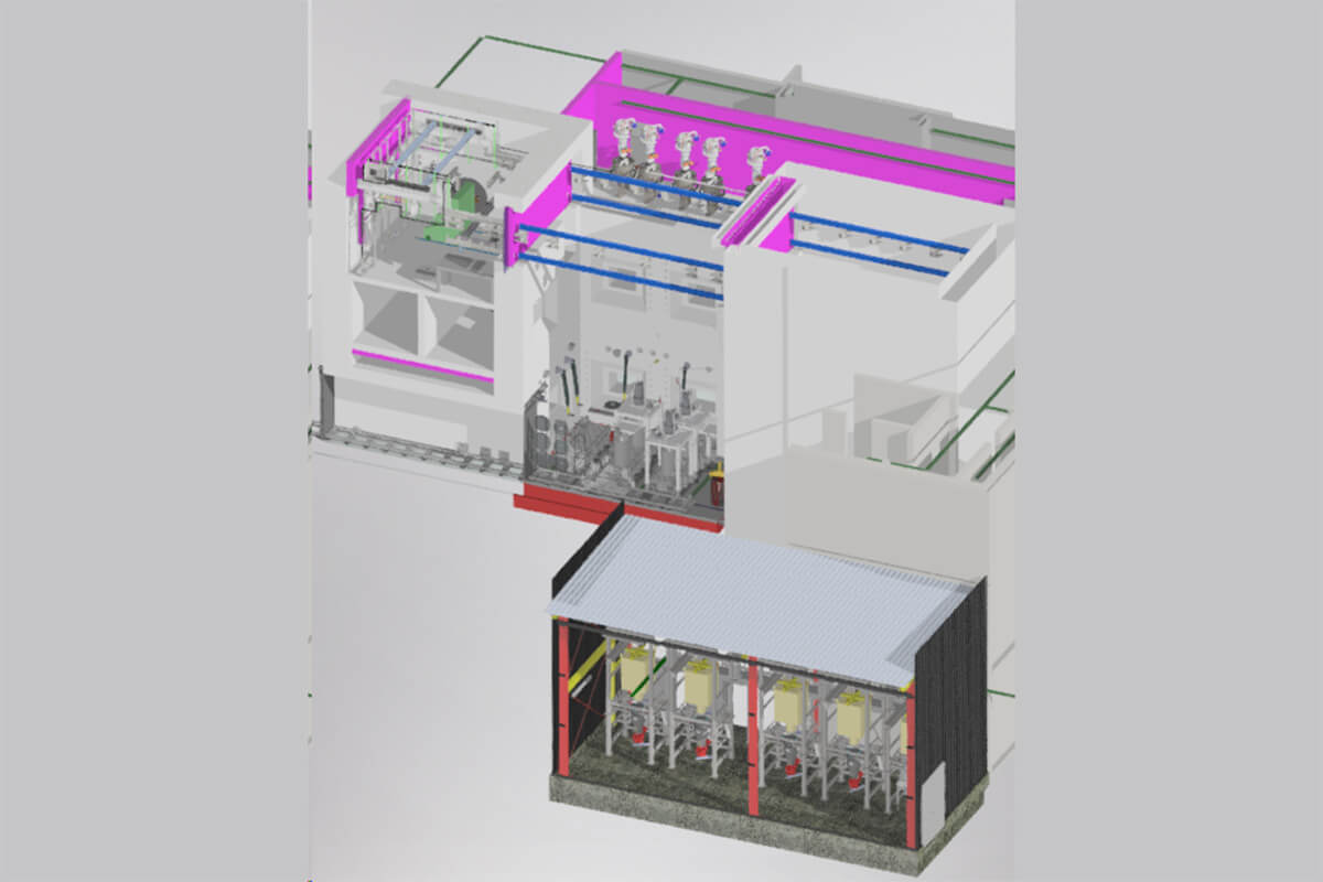3D-Modell einer technischen Anlage mit sichtbaren Rohrleitungen, Maschinen und Strukturkomponenten, für nukleare Prozesse.