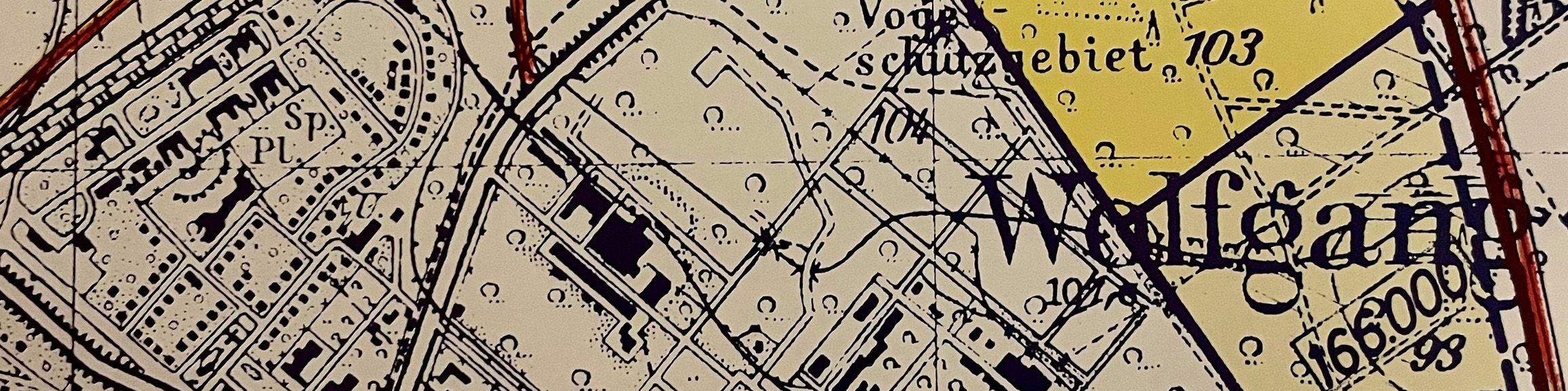Eine alte Stadtkarte auf der Wolfgang draufsteht.